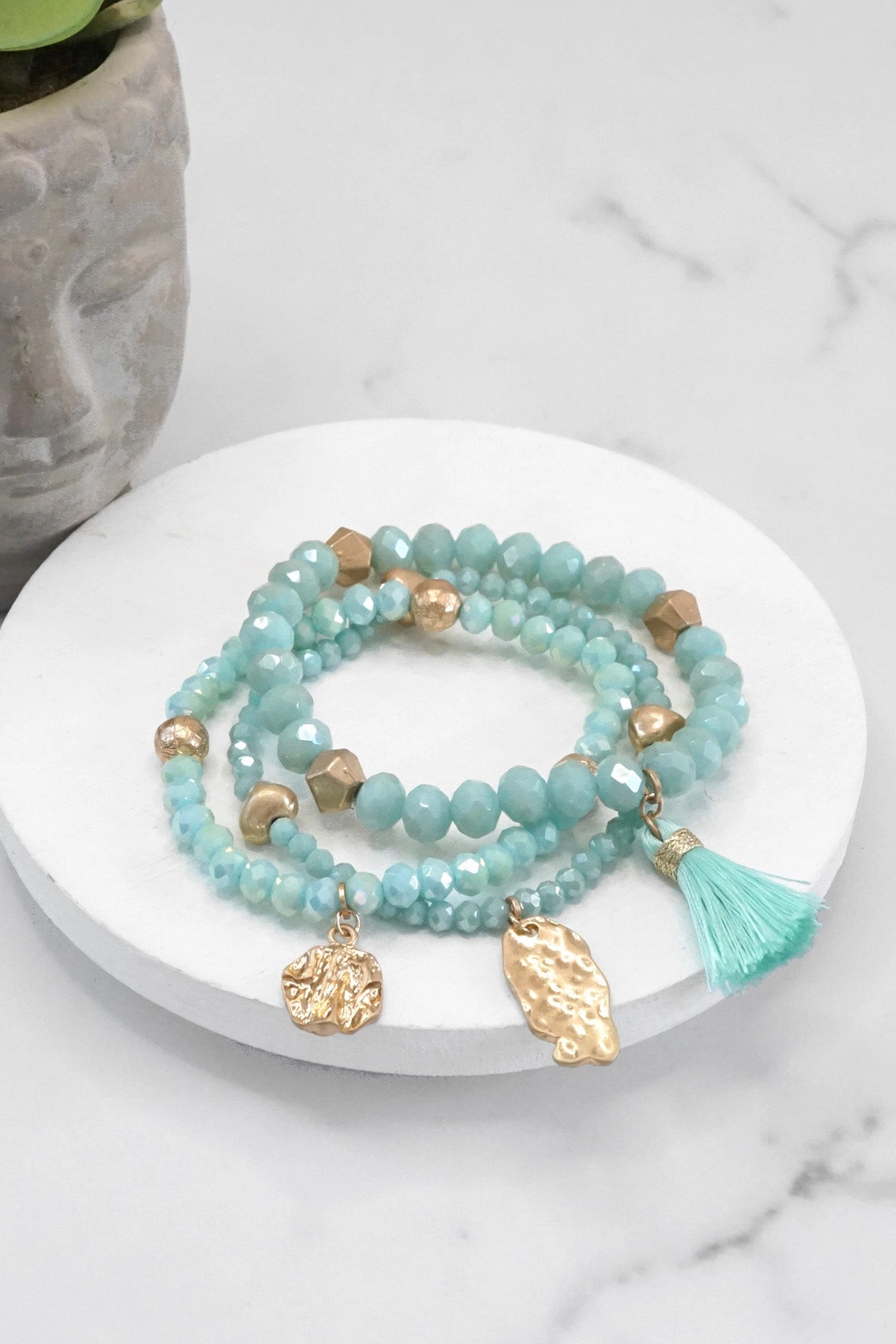 Beaded bracelet stack with tassel and coins Aqua Taupe Rose Signature Brand Bohemian Rhapsody