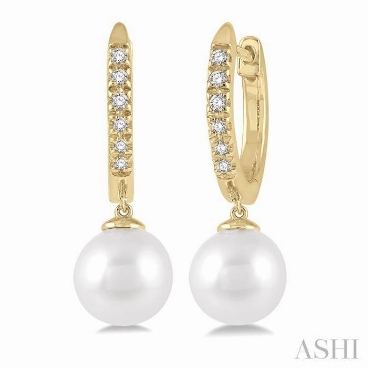 6 MM Round Shape Cultured Pearls and 1/8 Ctw Round Cut Diamond Drop Petite Huggie Earrings 10K Yellow Gold Dazzling Charm Vibrant Spark