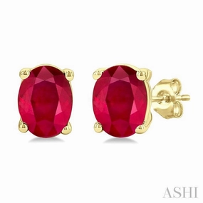 4X3 MM Oval Shape Ruby Precious Stud Earrings in 14K Yellow Gold Bold Lines