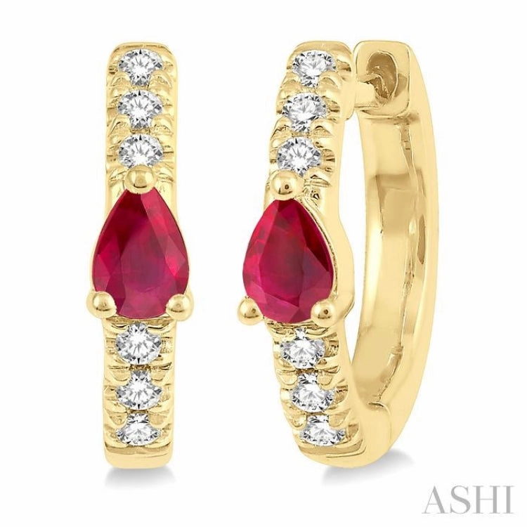 Perfect Accessory Charming Gifts 4X3 MM Pear Cut Ruby and 1/10 Ctw Round Cut Diamond Petite Huggie Earrings in 10K Yellow Gold
