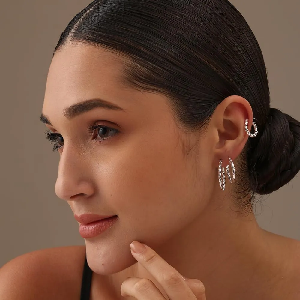 Charmsy Set of 3 Pairs 925 Sterling Silver Hoop Earrings for Women | Lightweight Italian 2.5mm Tube Diamond-Cut Classic Texured Click-Top Hoops Earring | Size 12/13/15/18/20/25mm