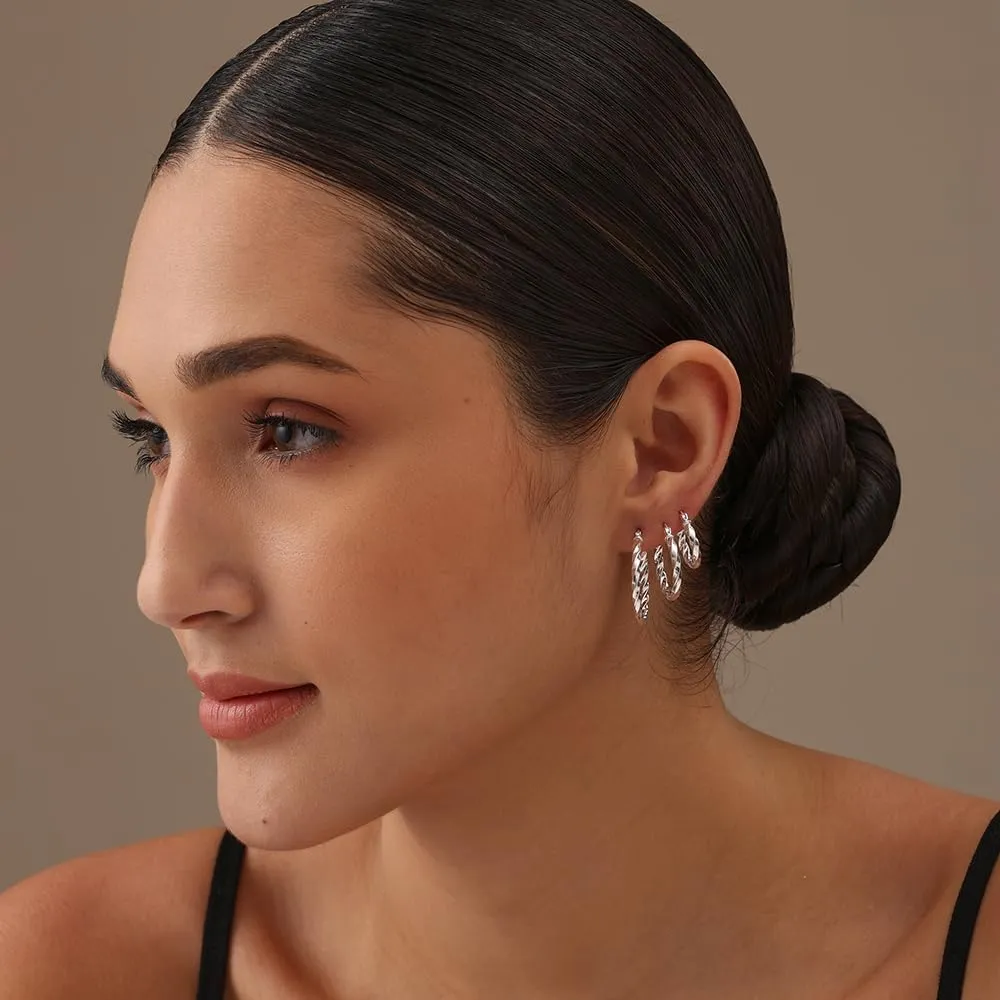 Charmsy Set of 3 Pairs 925 Sterling Silver Hoop Earrings for Women | Lightweight Italian 2.5mm Tube Diamond-Cut Classic Texured Click-Top Hoops Earring | Size 12/13/15/18/20/25mm