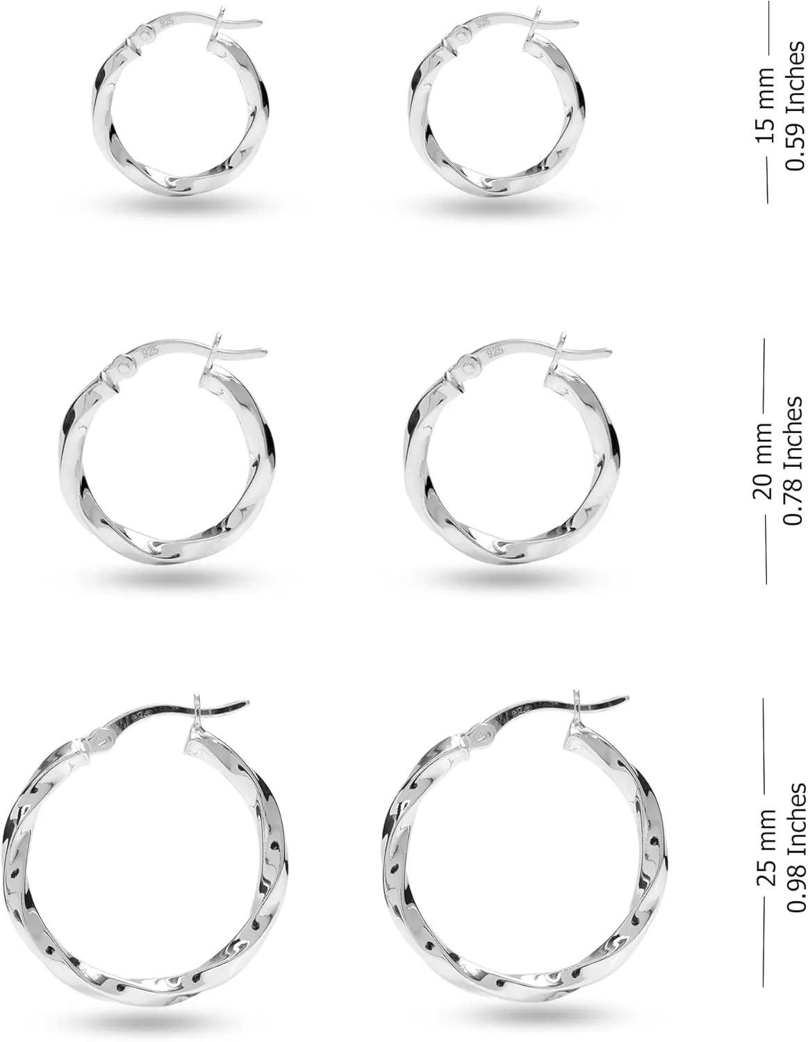 Charmsy Set of 3 Pairs 925 Sterling Silver Hoop Earrings for Women | Lightweight Italian 2.5mm Tube Diamond-Cut Classic Texured Click-Top Hoops Earring | Size 12/13/15/18/20/25mm