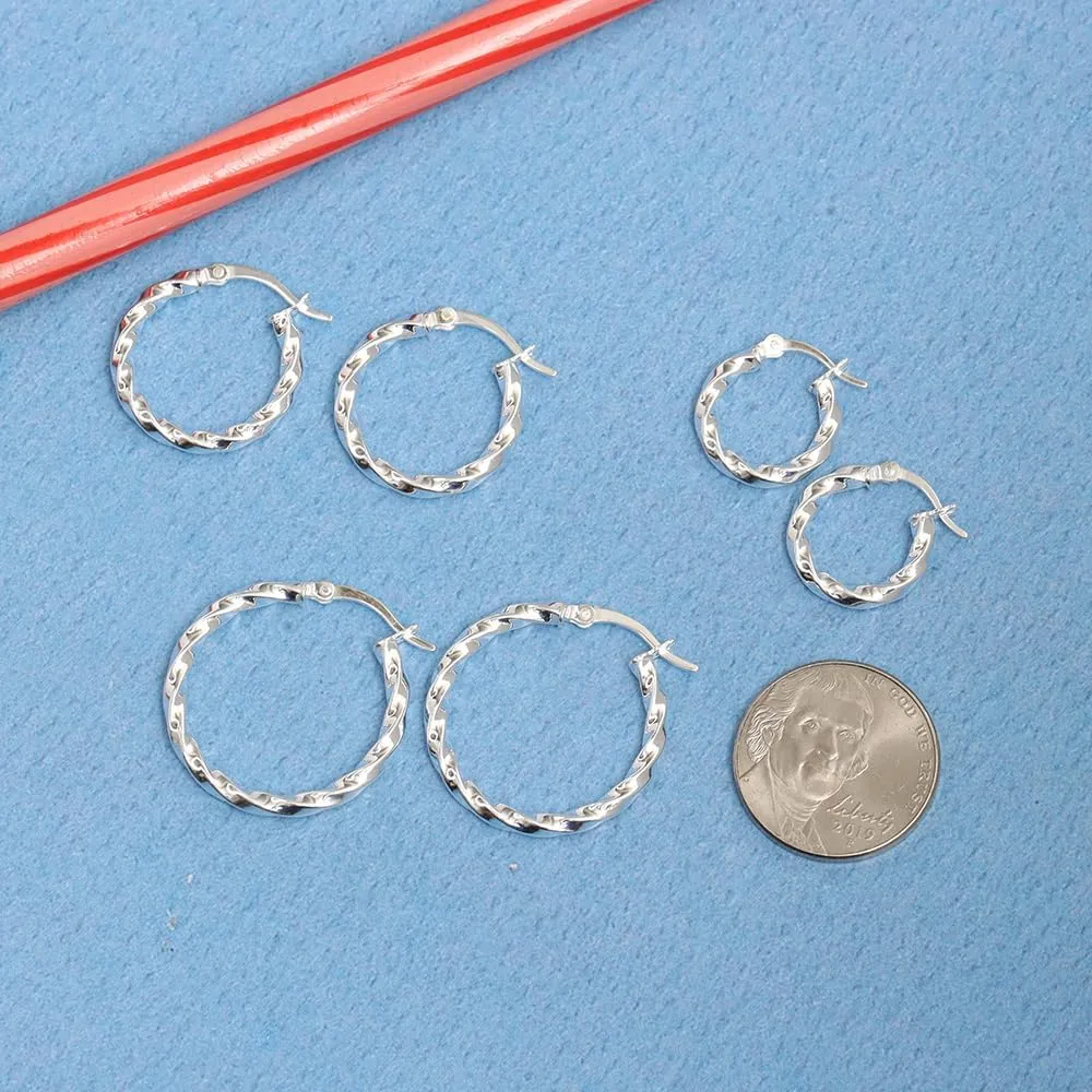 Charmsy Set of 3 Pairs 925 Sterling Silver Hoop Earrings for Women | Lightweight Italian 2.5mm Tube Diamond-Cut Classic Texured Click-Top Hoops Earring | Size 12/13/15/18/20/25mm