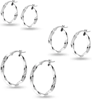 Charmsy Set of 3 Pairs 925 Sterling Silver Hoop Earrings for Women | Lightweight Italian 2.5mm Tube Diamond-Cut Classic Texured Click-Top Hoops Earring | Size 12/13/15/18/20/25mm