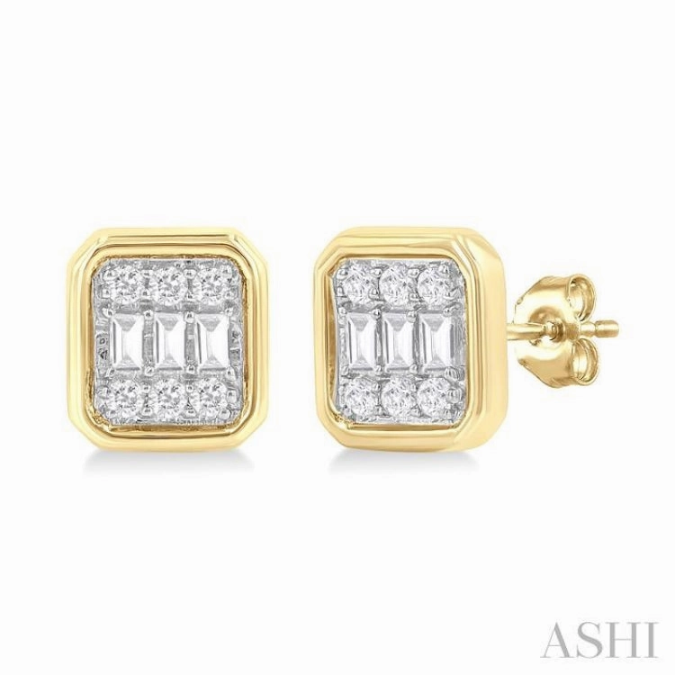 1/5 Ctw Petite Bezel Set Emerald Shape Fusion Baguette and Round Cut Diamond Fashion Stud Earring in 10K Yellow Gold Elegant Details Polished Surface