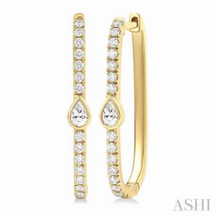 Graceful Style Lustrous Touch 3/8 Ctw Pear and Round Cut Diamond Rectangular Fashion Hoop Earrings in 14K Yellow Gold