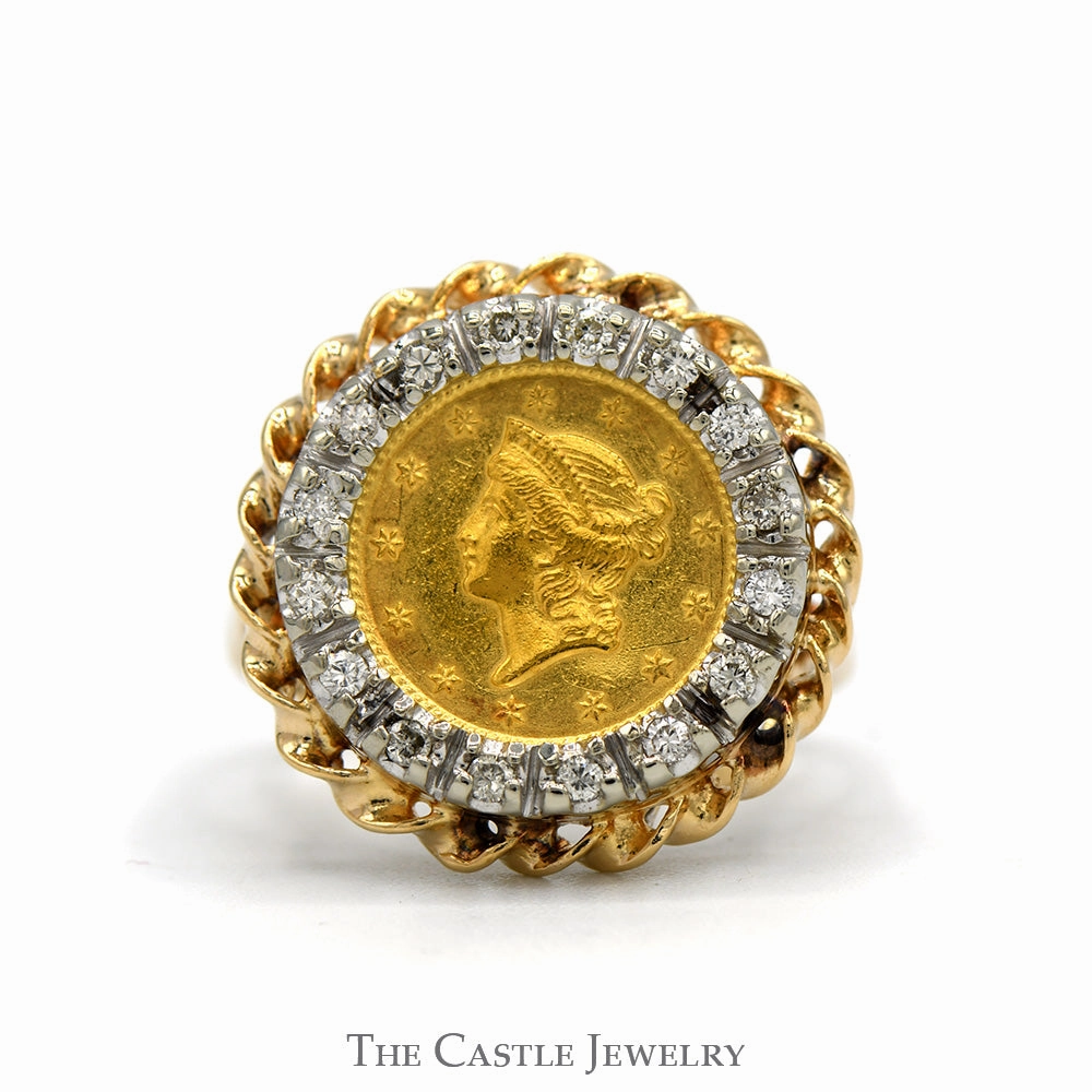 Premium Object Bold Style 1851 Liberty Coin Ring with Diamond Rope Designed Bezel in 14k Yellow Gold Mounting