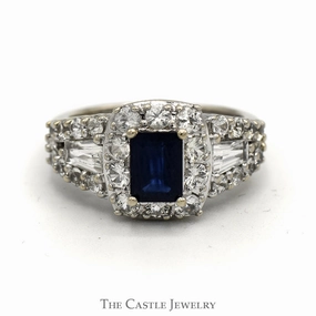 Family Treasure Casual Gift Emerald Cut Sapphire Ring with White Topaz Halo & Baguette Accents in 14k White Gold