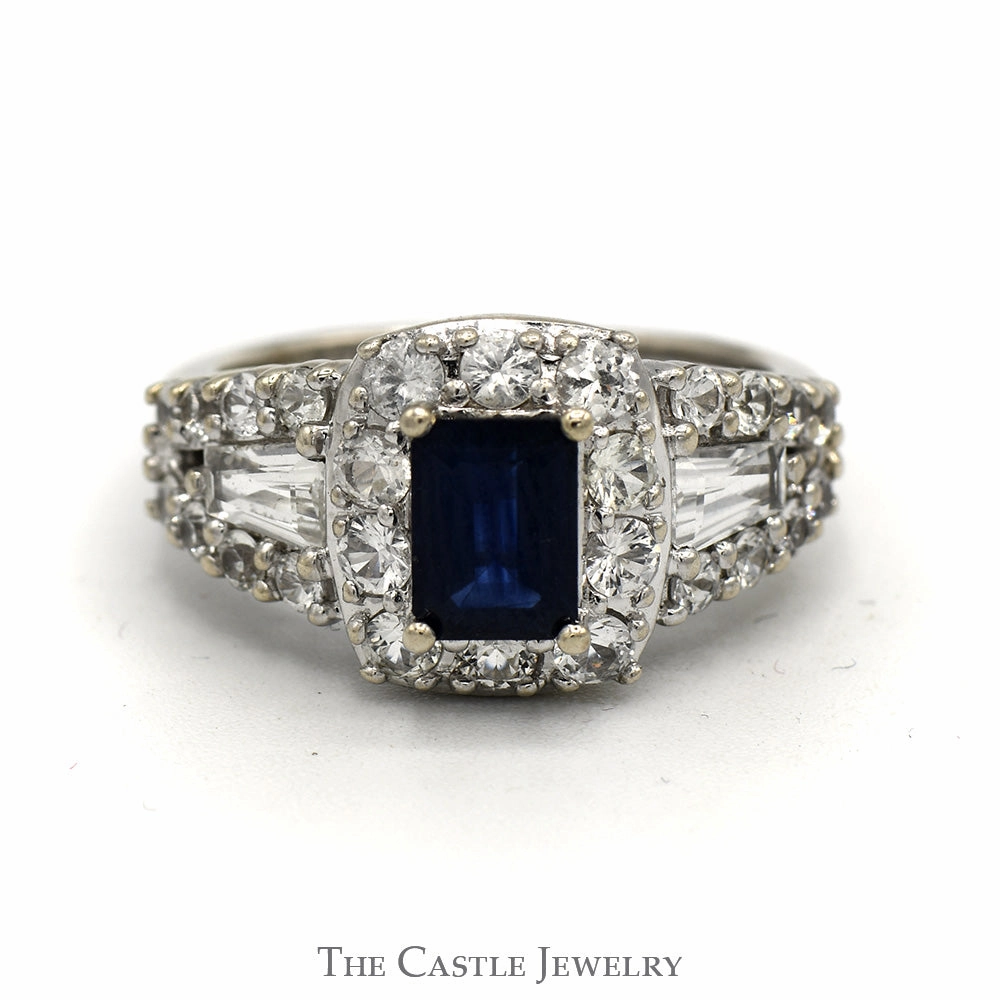 Family Treasure Casual Gift Emerald Cut Sapphire Ring with White Topaz Halo & Baguette Accents in 14k White Gold