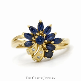 Star Product Marquise Sapphire & Round Diamond Flower Cluster Vintage Style Ring in 18k Yellow Gold