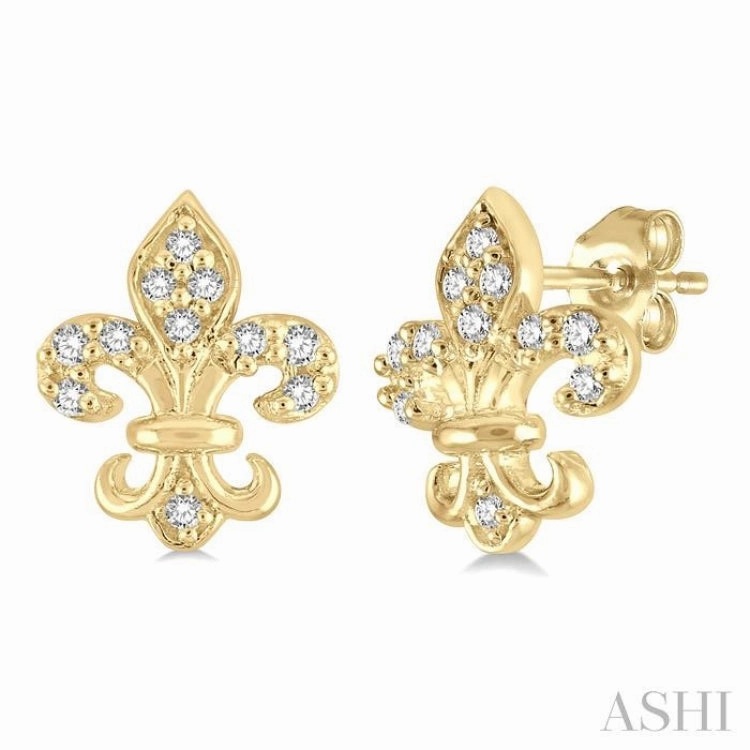 Distinct Accent Glamorous look 1/20 Ctw Fleur De Lis Round Cut Diamond Petite Earring in 10K Yellow Gold