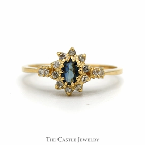Personal Emblem Customizable Look Oval Cut Sapphire Ring With Diamond Halo And Sides .10CTTW In 14KT Yellow Gold