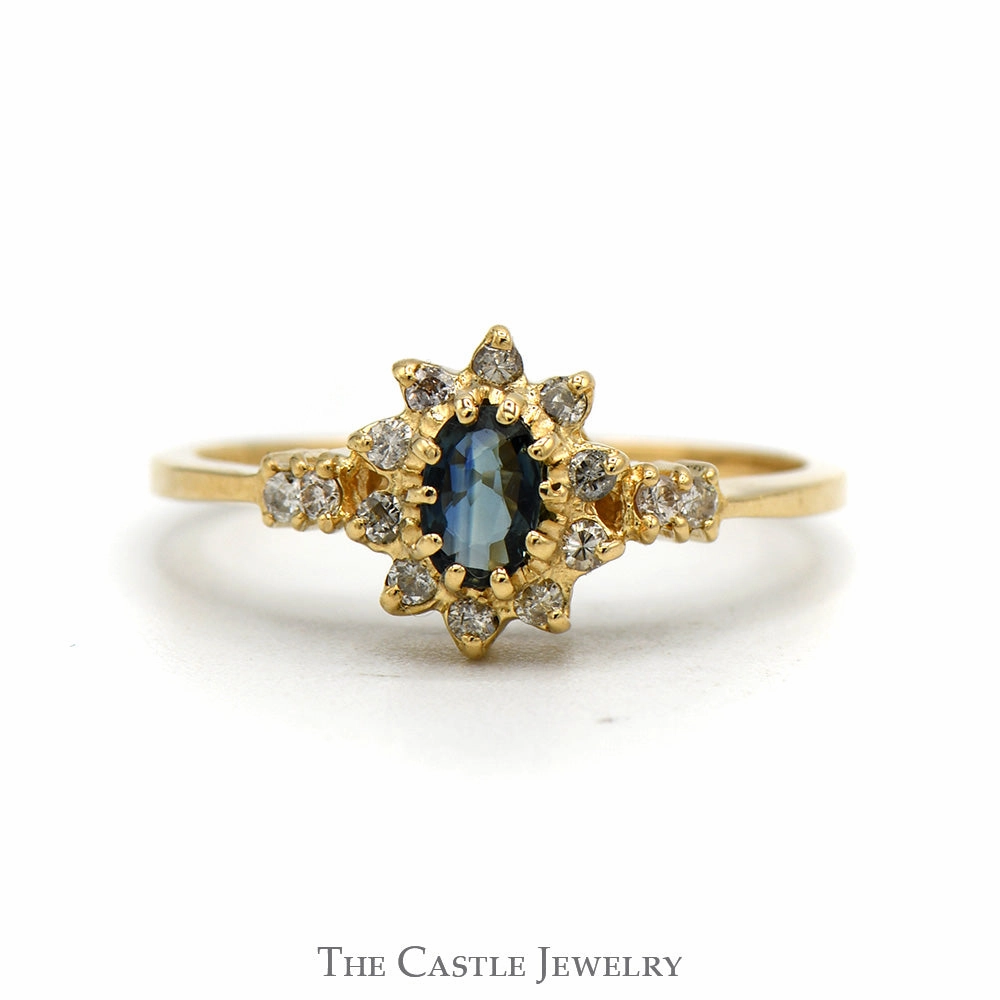 Personal Emblem Customizable Look Oval Cut Sapphire Ring With Diamond Halo And Sides .10CTTW In 14KT Yellow Gold