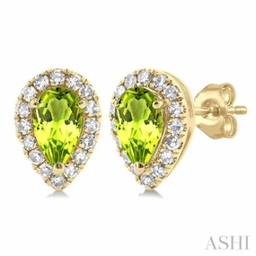 Flawless Radiance 5x3 MM Pear Shape Peridot and 1/8 Ctw Single Cut Diamond Halo Semi-Precious Stud Earrings in 10K Yellow Gold