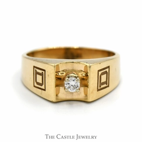 Unique Symbol Robust Look Round Diamond Solitaire Men's Ring with "D" Designed Sides in 10k Yellow Gold