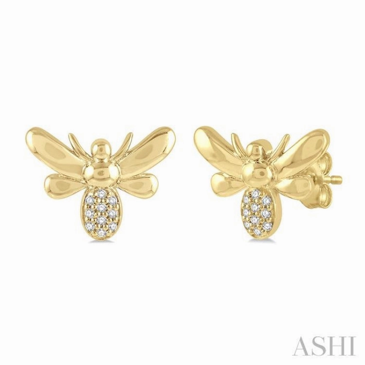 1/20 ctw Bumble Bee Round Cut Diamond Petite Fashion Earring in 10K Yellow Gold Handmade Statement