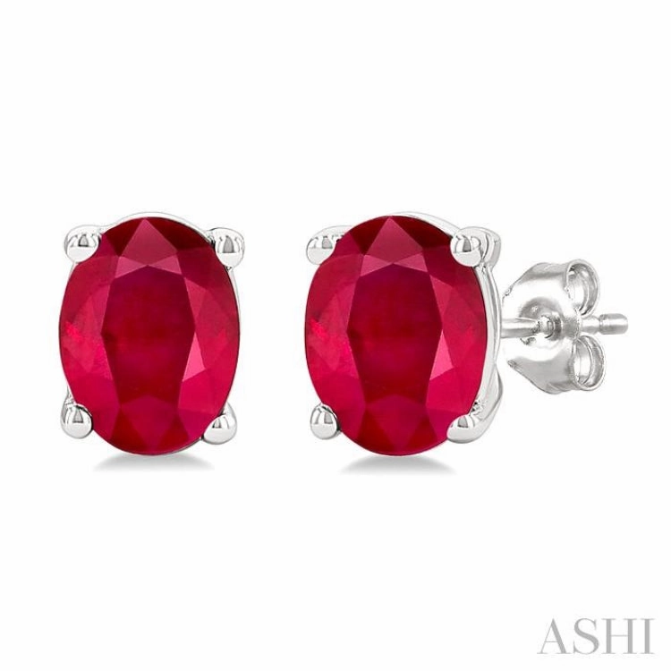 Distinctive pieces 4X3 MM Oval Shape Ruby Precious Stud Earrings in 14K White Gold