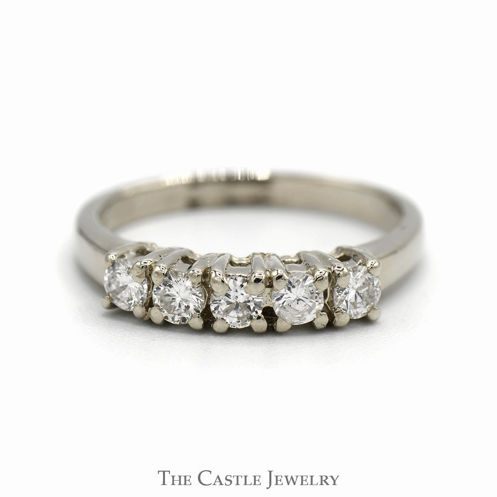 5 Round Prong Set Diamond Wedding Band in 14k White Gold Shiny Expression Vintage Insignia