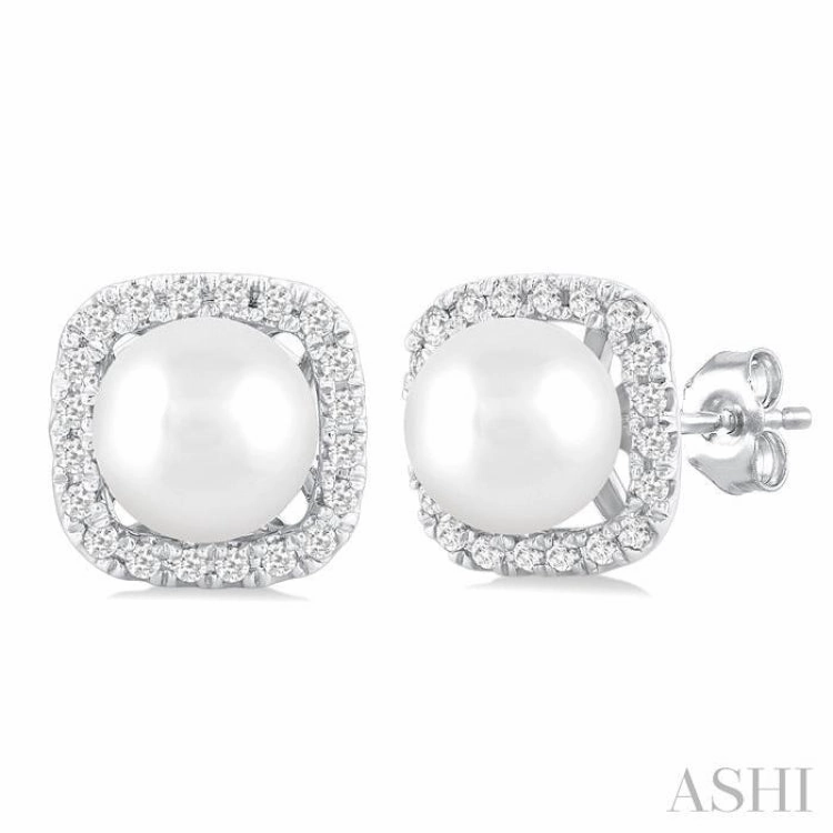 5 MM Cushion-Shaped Cultured Pearl and 1/8 Ctw Petite Round Cut Diamond Halo Stud Earring in 10K White Gold Delicate Form