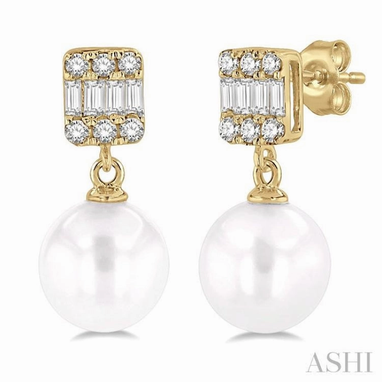 Fashion Statement Timeless Look Design 6 MM Cultured Pearls and 1/10 Ctw Baguette and Single Cut Diamond Earrings in 10K Yellow Gold