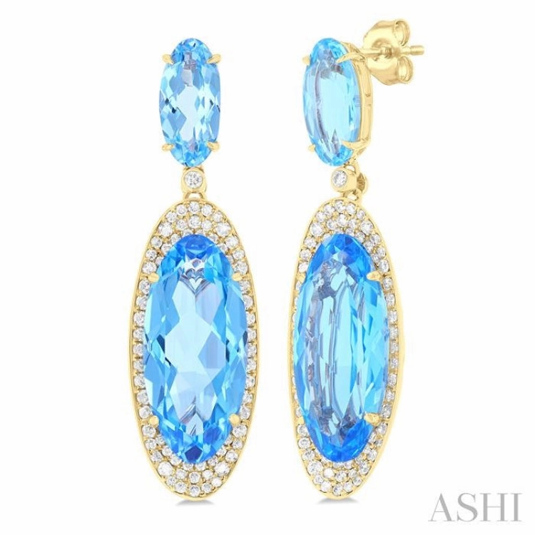 Luxury Gifts 18x8 MM & 10x5 MM Oval Cut Blue Topaz and 3/4 Ctw Round Cut Diamond Halo Semi-Precious Earrings in 14K Yellow Gold