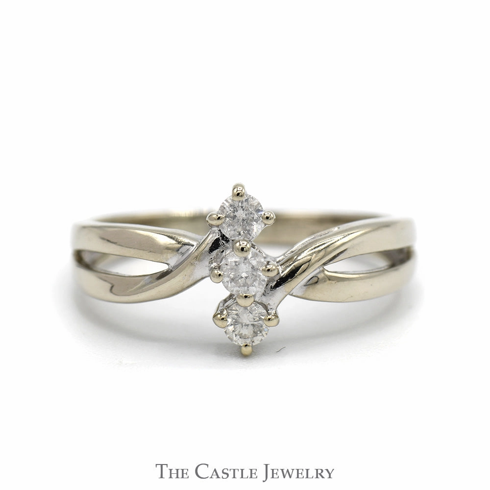 Vertical Set Three Stone Diamond Ring with Open Interweaving Sides in 14k White Gold Gorgeous appearance