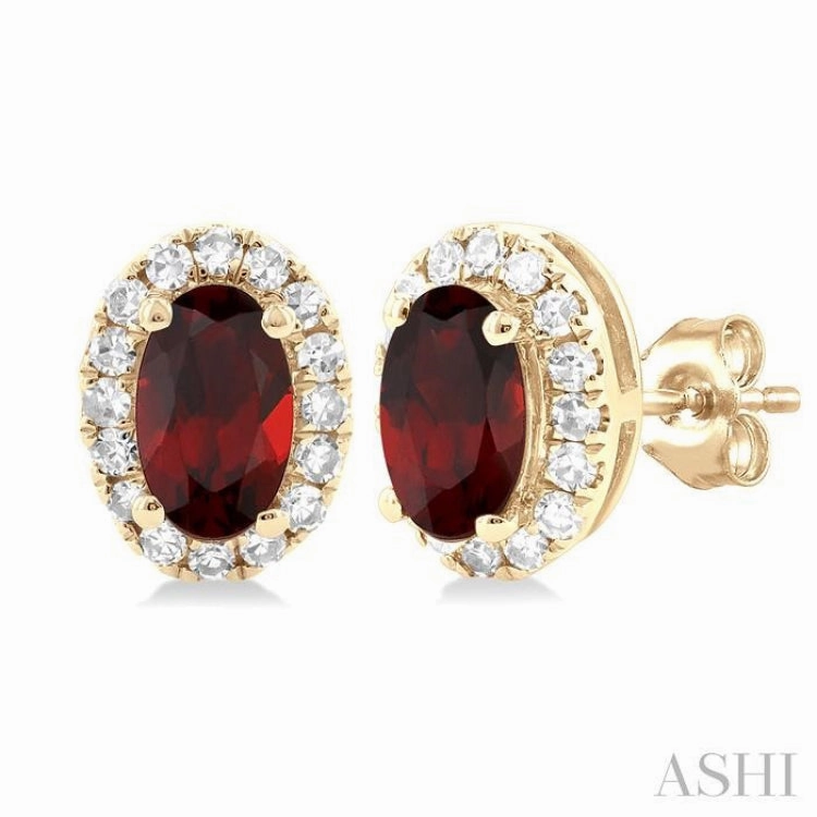 5x3 MM Oval Shape Garnet and 1/8 Ctw Single Cut Diamond Halo Semi-Precious Stud Earrings in 10K Yellow Gold Fashionable Look Weekend Vibe