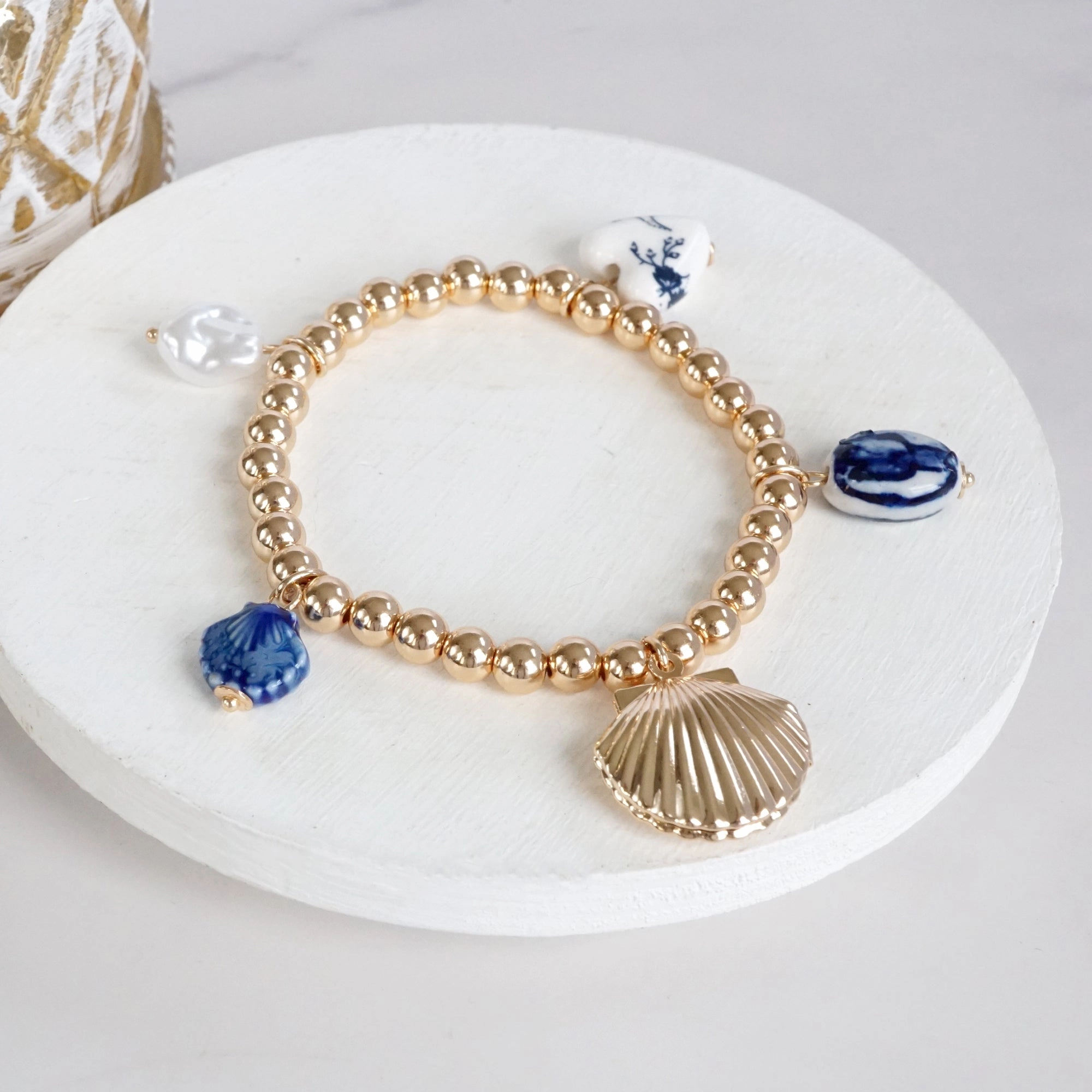 Logical Choice Modest Price Chinoiserie & Clam Shell Locket Preppy Statement Ball Beads Stretchy Bracelet ?C Gold Tone
