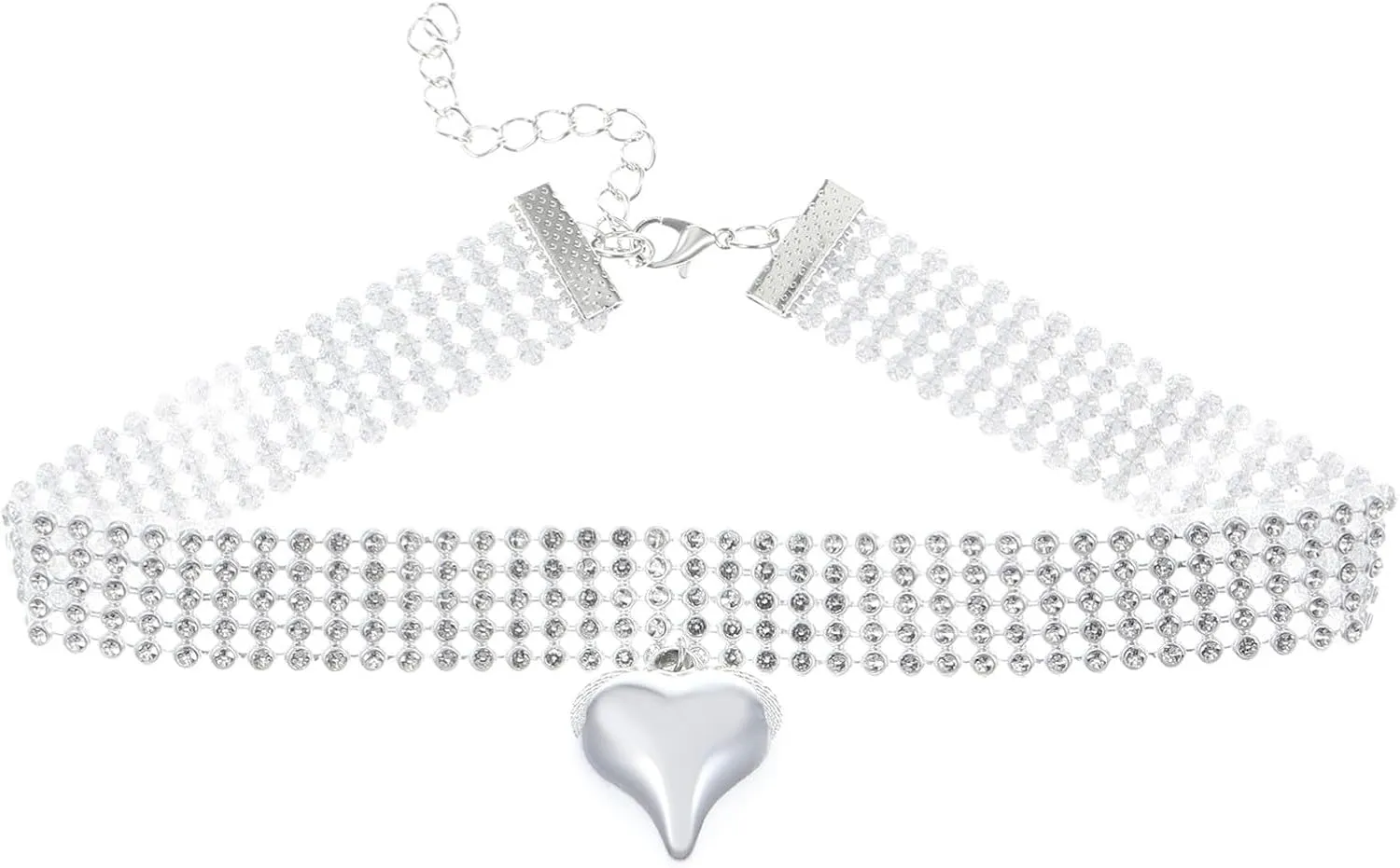 Choker Heart Necklace Chain Korean Style Super Flash Mesh Sequin Love Pendant Neck Chain Necklaces (Silver, One Size), b4zCDJcav
