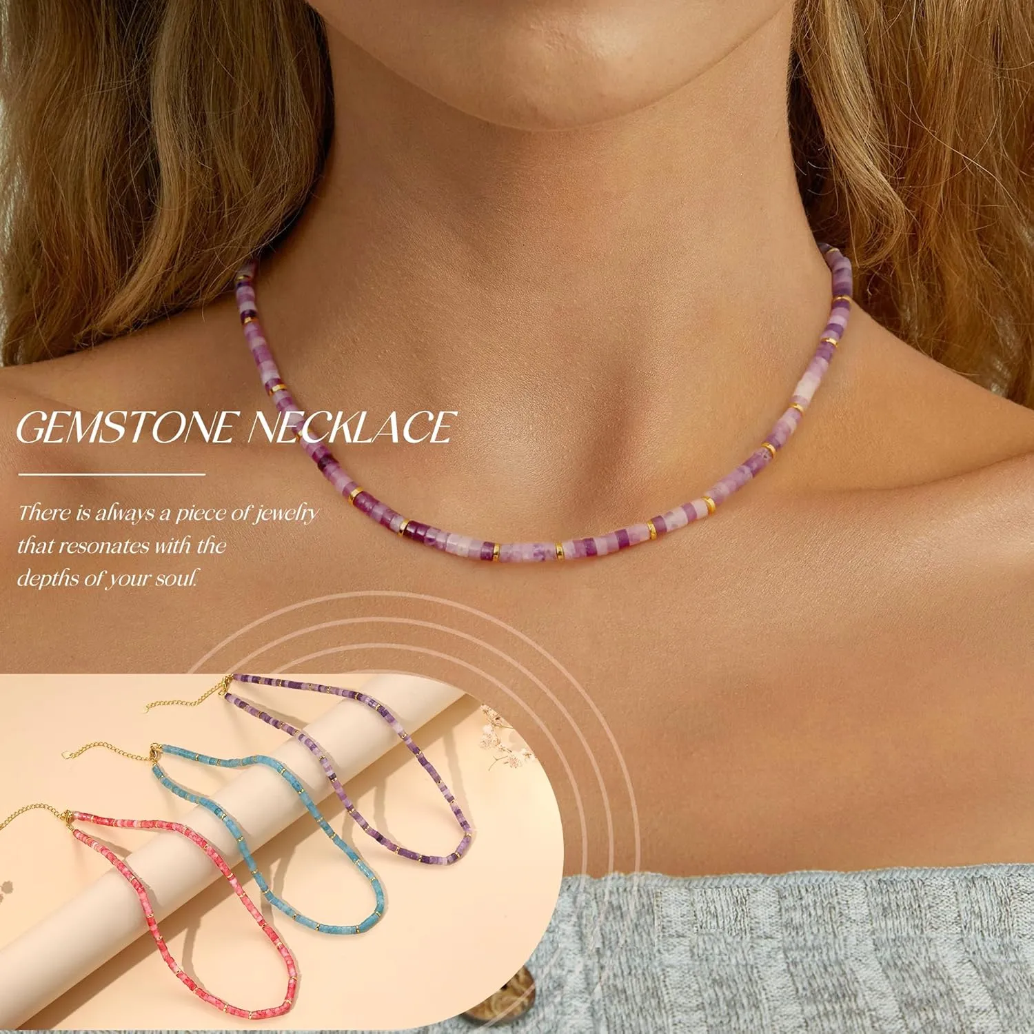 Choker Necklace for Women,Gemstone Beaded Necklace Choker Necklaces for Women Stocking Stuffers for Teens Gifts for Her Adjustable 14k Gold Anniversary Birthday Christmas Jewelry