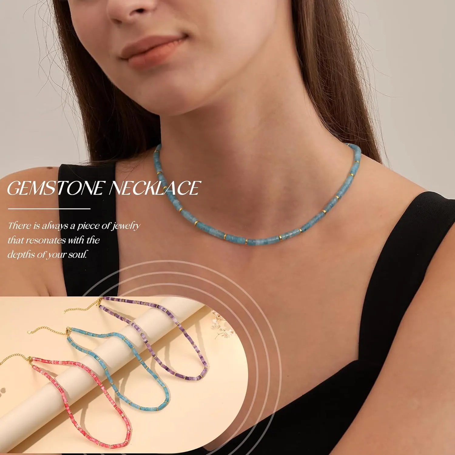 Choker Necklace for Women,Gemstone Beaded Necklace Choker Necklaces for Women Stocking Stuffers for Teens Gifts for Her Adjustable 14k Gold Anniversary Birthday Christmas Jewelry