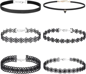 Choker Necklaces for Women, 6PCs Black Trendy Velvet Choker Necklace Set, Classic Gothic Tattoo Lace Choker for Teenagers Ladies, Adjustable Choker Collar Jewelry for Women