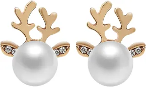 Christmas Pearl Deer Earrings for Women Cute Faux Pearl Stud Crystal Xmas Rhinestone Reindeer Unique Holiday Jewelry