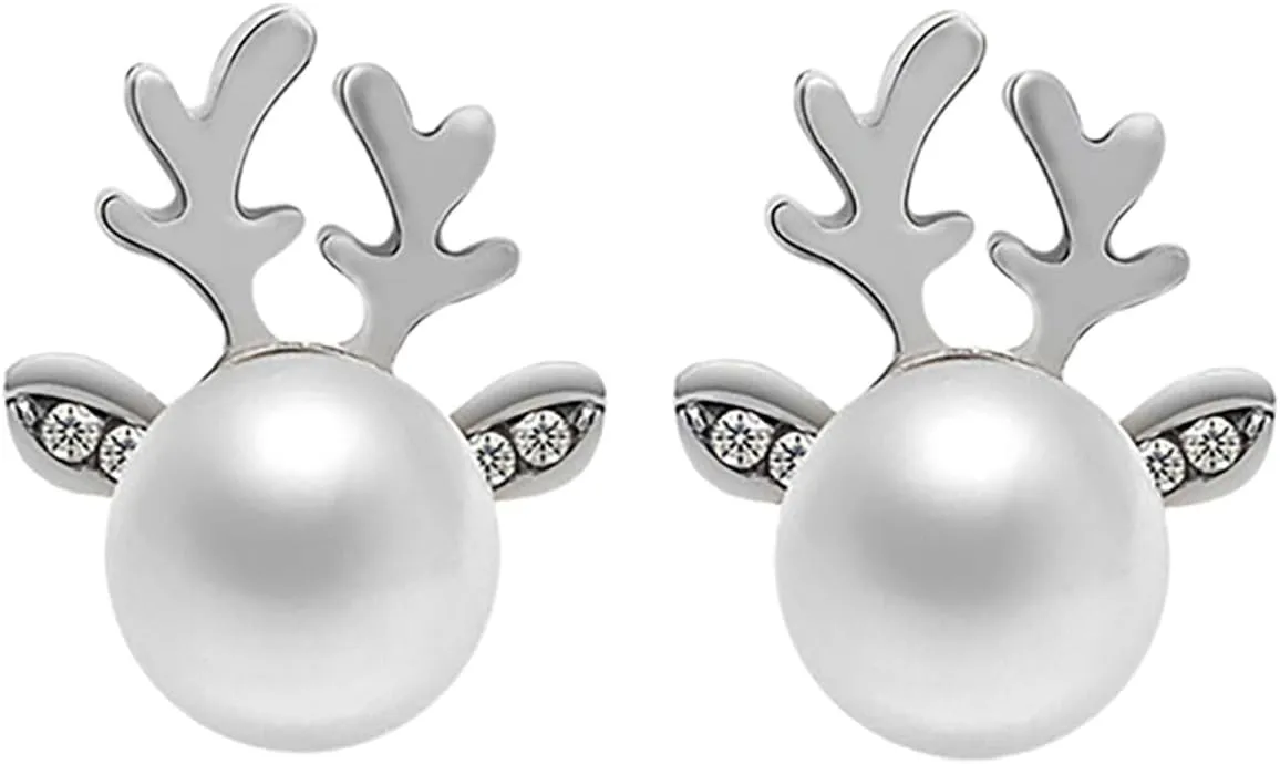 Christmas Pearl Deer Earrings for Women Fashion Sparkly Unique Holiday Jewelry Stud Earrings Christmas