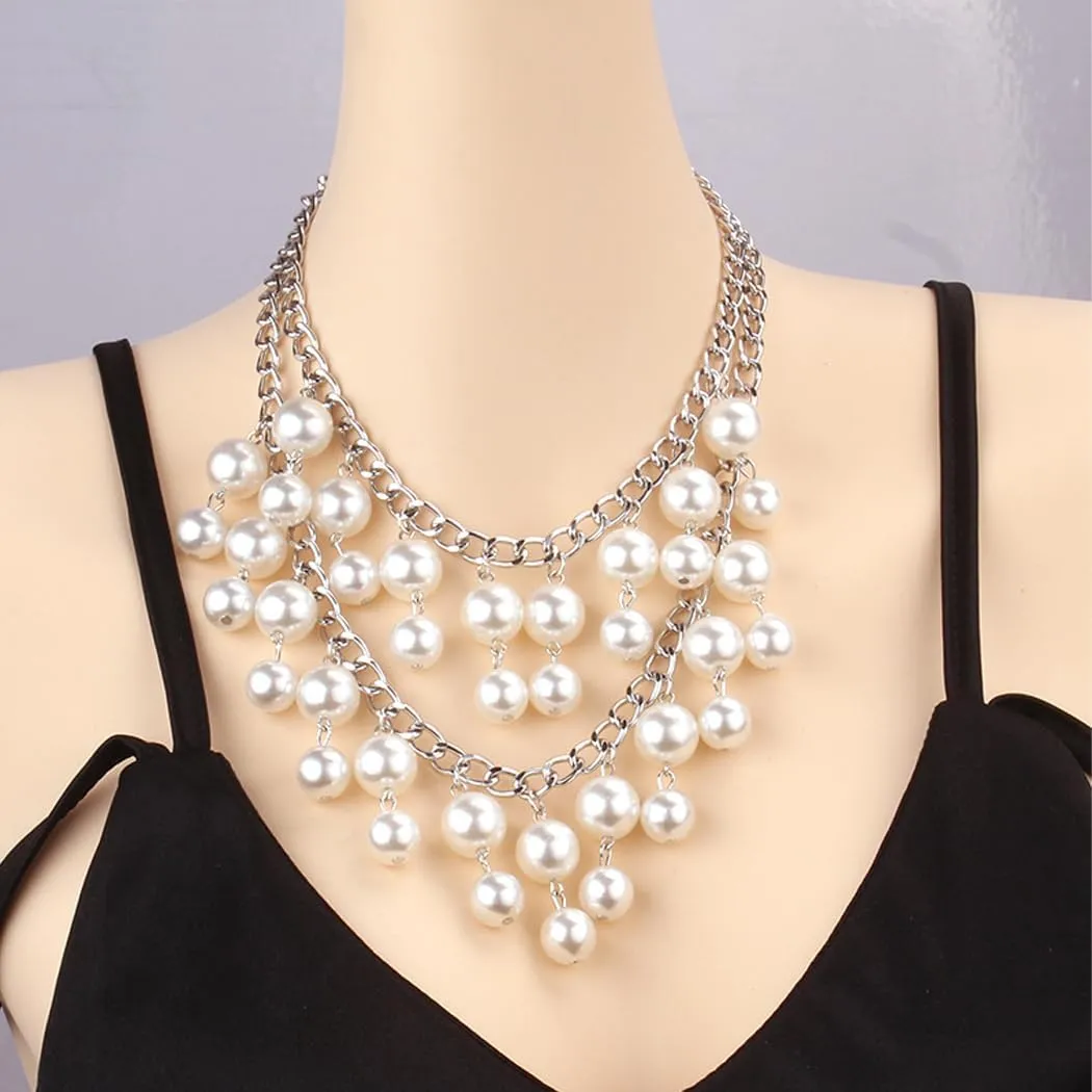 Chunky Stackable Pearl Choker Necklaces for Women Double Layer Tassel Pearls Necklaces Large Beads Statement Collar Necklaces Jewelry Accessories