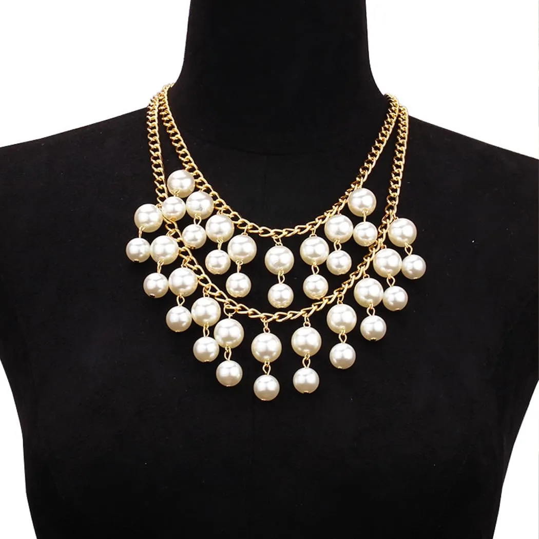 Chunky Stackable Pearl Choker Necklaces for Women Double Layer Tassel Pearls Necklaces Large Beads Statement Collar Necklaces Jewelry Accessories