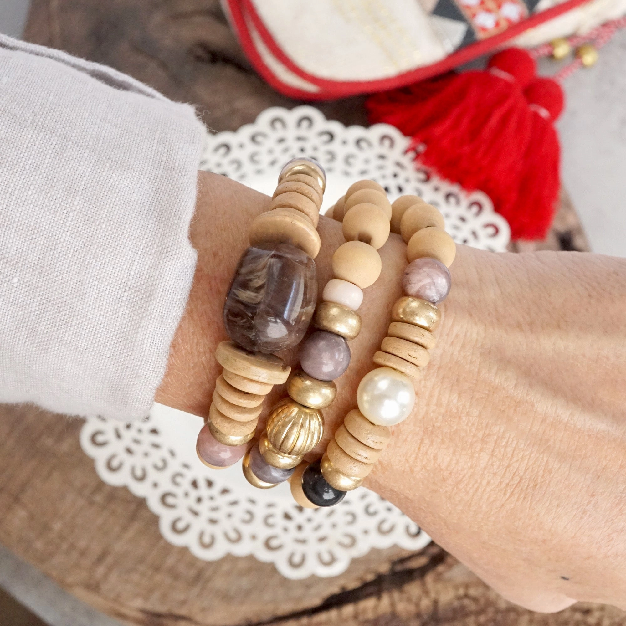 Chunky Beaded Bracelets set Wood Acrylic Metal beads Purple Neutral Fairly Valued Sophisticated Wear