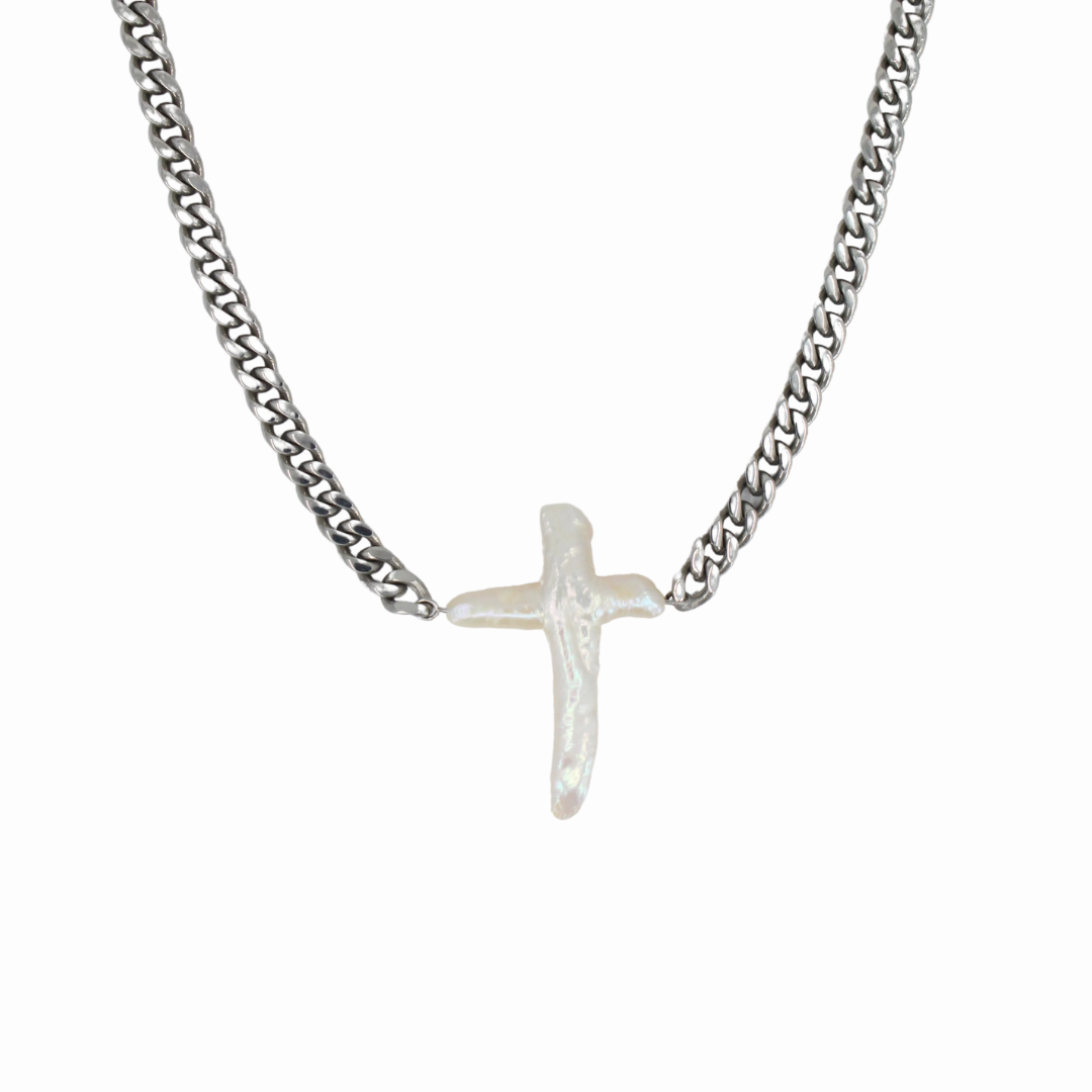 Bold Statement Chunky Pearl Cross Cuban Necklace