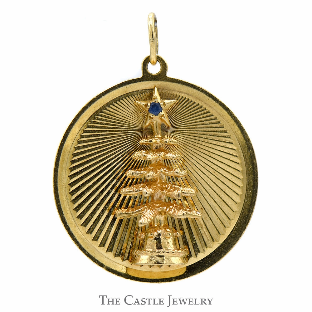 Party fashion Circular Christmas Tree Pendant with Round Sapphire Accent in 14k Yellow Gold