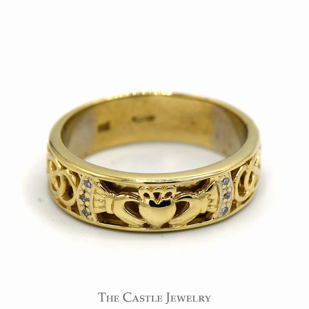 Beautiful Ornament Value Embellishment Claddagh Designed Wedding Band with Diamond Accented Celtic Knots in 14k Yellow Gold