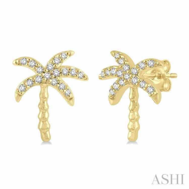 Chic Form Simple Edge 1/10 Ctw Palm Tree Round Cut Diamond Petite Fashion Earring in 10K Yellow Gold