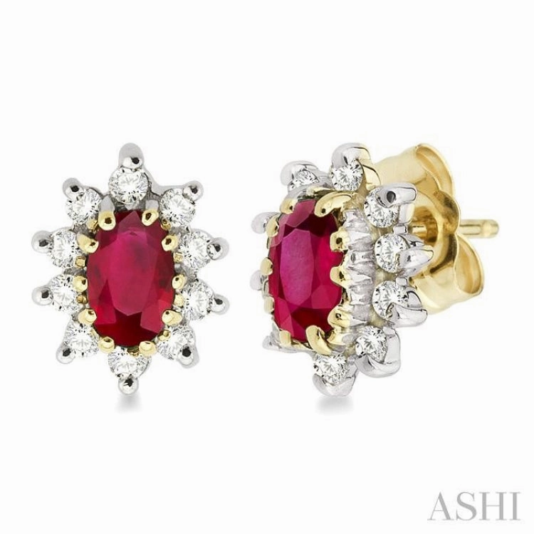 5x3MM Oval Cut Ruby and 1/4 ctw Round Cut Diamond Earrings in 14K Yellow Gold Texture Play Glow Look