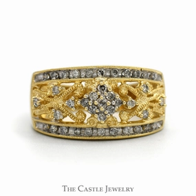 Flower Diamond Cluster Band with Open Filigree Design in 14k Yellow Gold Bold Insignia