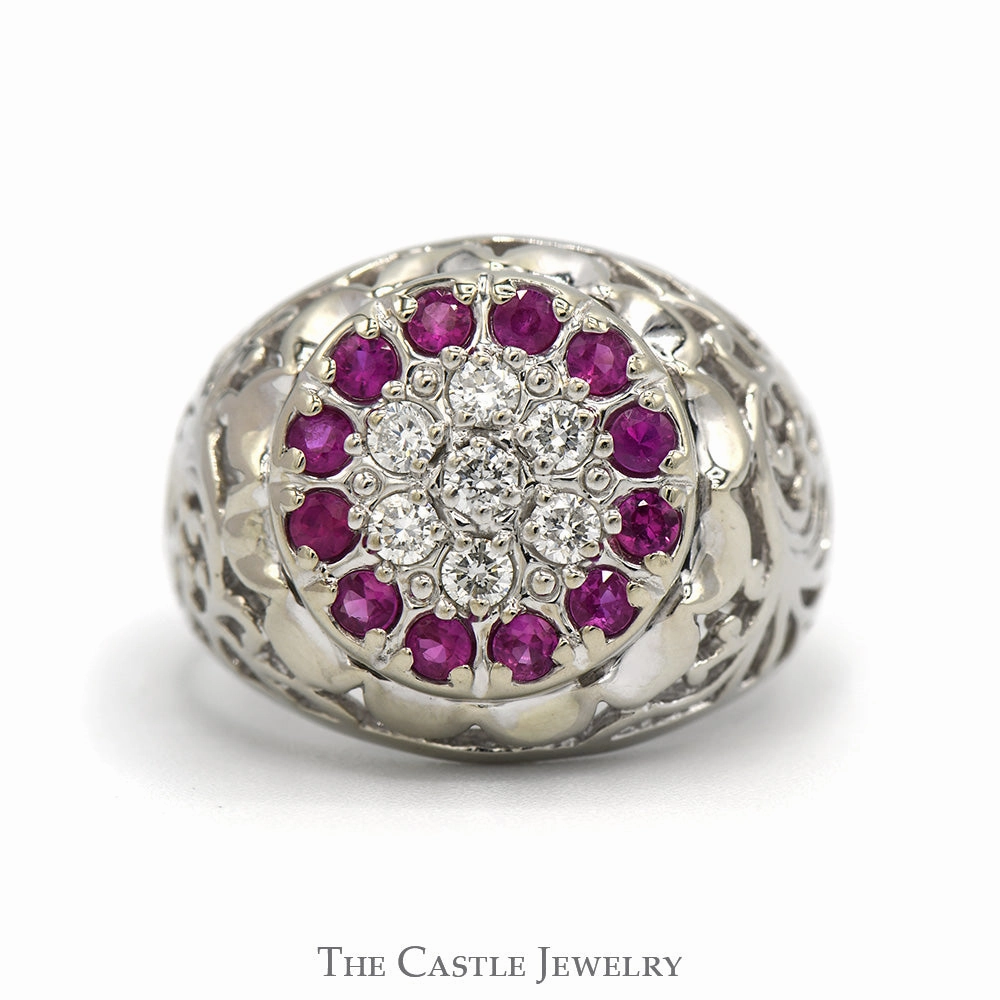 Ruby & Diamond Kentucky Cluster Ring with Open Filigree Sides in 10k White Gold Artistic Mark Designer Jewelry