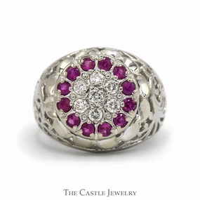 Ruby & Diamond Kentucky Cluster Ring with Open Filigree Sides in 10k White Gold Artistic Mark Designer Jewelry