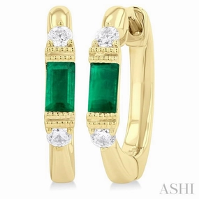 Classic Duo Artisan Piece 4X2 MM Baguette Cut Emerald and 1/10 Ctw Round Cut Diamond Precious Hoop Earring in 10K Yellow Gold
