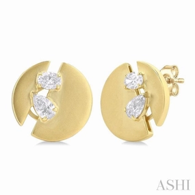 Light tone Minimal Look 1/2 Ctw Split Circle Oval and Pear Cut Diamond Fashion Stud Earrings in 14K Yellow Gold