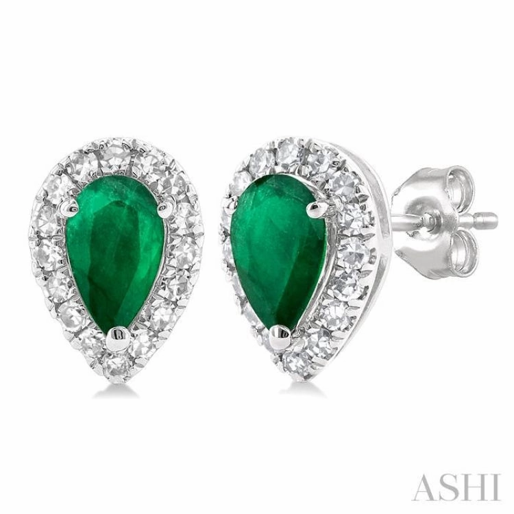 Vogue Accent Highlight Moment 5x3 MM Pear Shape Emerald and 1/8 Ctw Single Cut Diamond Halo Precious Stud Earrings in 10K White Gold