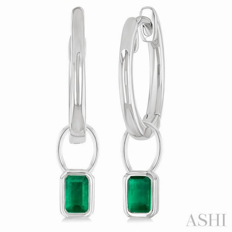 5x3 MM Bezel Set Emerald Precious Fashion Huggie Earrings in 10K White Gold Dynamic Shape Timeless Design